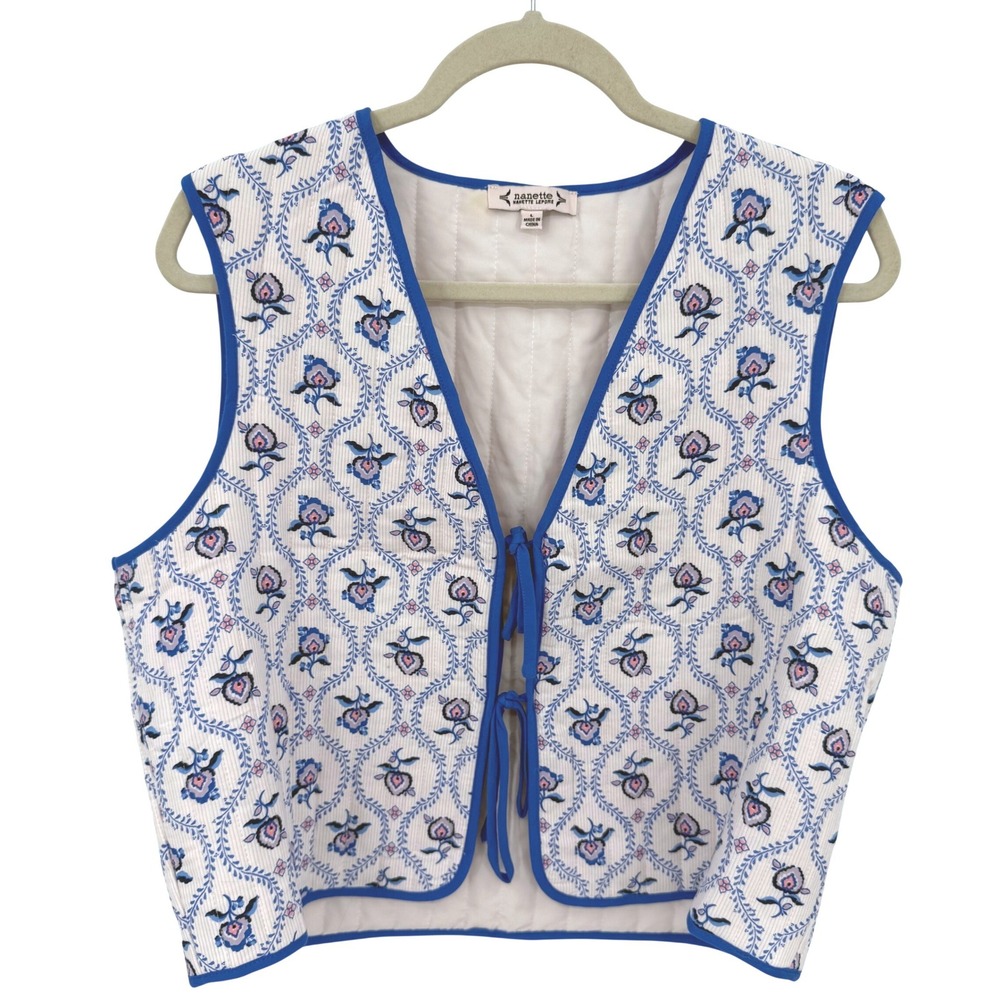 Nanette Lepore Floral Quilted Vest Blue White Tie Front Large Hippie Boho